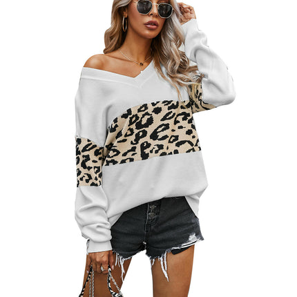 Women's Autumn Pullover Knit Top Long Sleeve V-Neck Colorblock Leopard Sweater