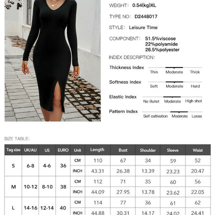 Women's Knitted Dress Long Sleeve Sexy Slim Fit V Neck Slit Sweater Dress