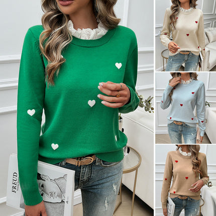 Women's Lace Round Neck Sweater Casual Embroidery Heart Long Sleeve Sweater