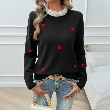 Women's Lace Round Neck Sweater Casual Embroidery Heart Long Sleeve Sweater