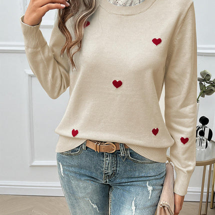 Women's Lace Round Neck Sweater Casual Embroidery Heart Long Sleeve Sweater