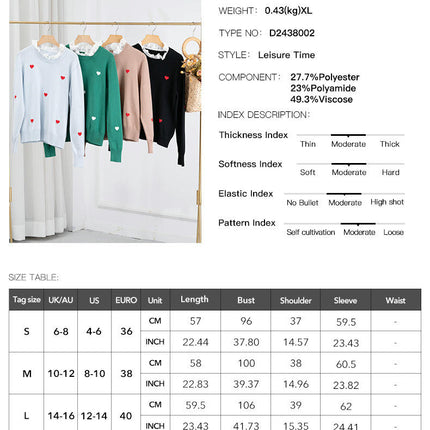Women's Lace Round Neck Sweater Casual Embroidery Heart Long Sleeve Sweater