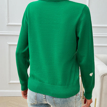 Women's Lace Round Neck Sweater Casual Embroidery Heart Long Sleeve Sweater