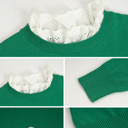 Women's Lace Round Neck Sweater Casual Embroidery Heart Long Sleeve Sweater