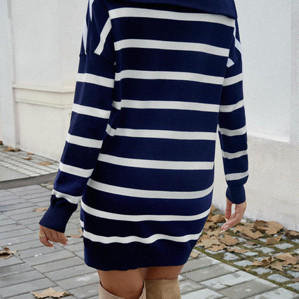 Women's Winter Pullover Zipper Lapel Knit Dress - Striped Long Sleeve Sweater Dress