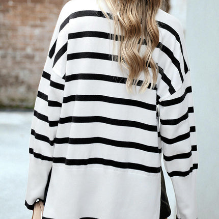 Striped contrast turtleneck sweater women's long sleeve slit knitted top Winter