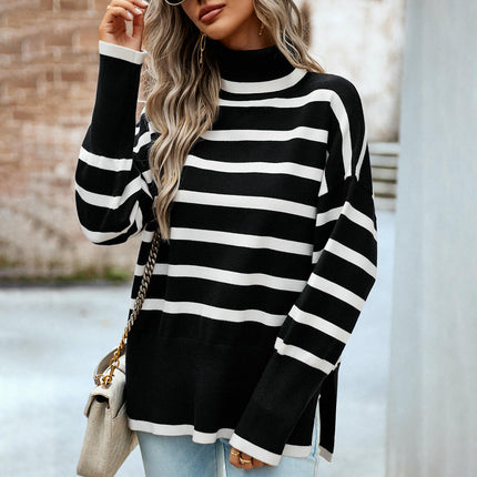 Striped contrast turtleneck sweater women's long sleeve slit knitted top Winter