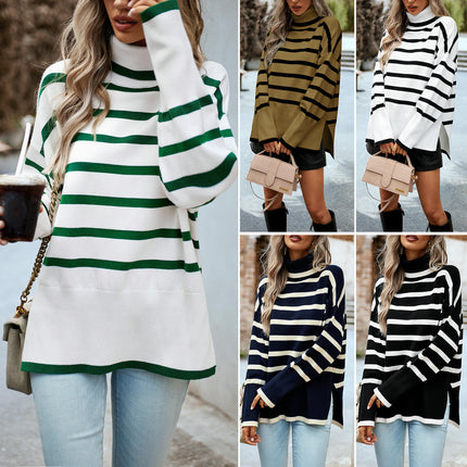 Striped contrast turtleneck sweater women's long sleeve slit knitted top Winter