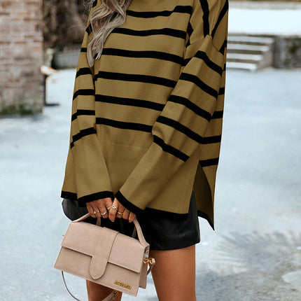 Striped contrast turtleneck sweater women's long sleeve slit knitted top Winter