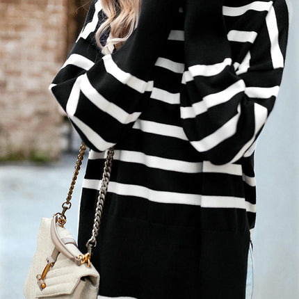 Striped contrast turtleneck sweater women's long sleeve slit knitted top Winter