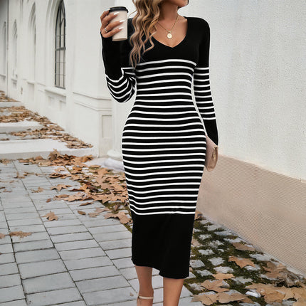 Women's Winter Knitted Dress-Slim Fit Sexy Deep V Contrast Striped Sweater Dress