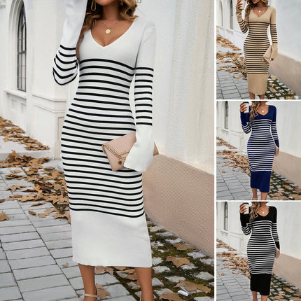 Women's Winter Knitted Dress-Slim Fit Sexy Deep V Contrast Striped Sweater Dress