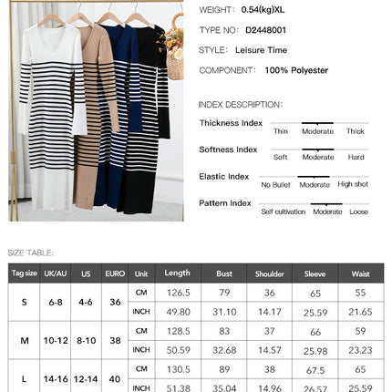 Women's Winter Knitted Dress-Slim Fit Sexy Deep V Contrast Striped Sweater Dress