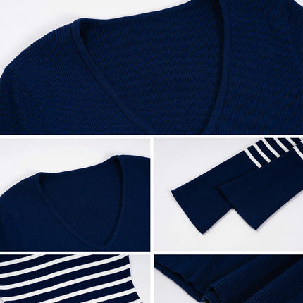 Women's Winter Knitted Dress-Slim Fit Sexy Deep V Contrast Striped Sweater Dress