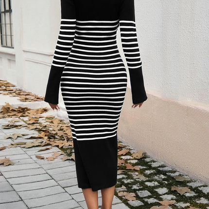 Women's Winter Knitted Dress-Slim Fit Sexy Deep V Contrast Striped Sweater Dress