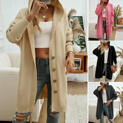 Women's Solid Color Casual Loose Cardigan Long Sleeve Button Hooded Sweater Jacket