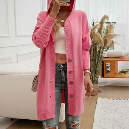 Women's Solid Color Casual Loose Cardigan Long Sleeve Button Hooded Sweater Jacket