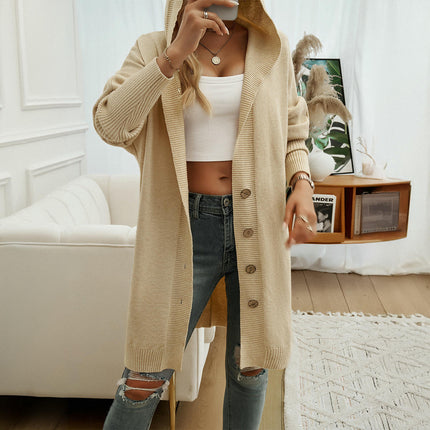 Women's Solid Color Casual Loose Cardigan Long Sleeve Button Hooded Sweater Jacket