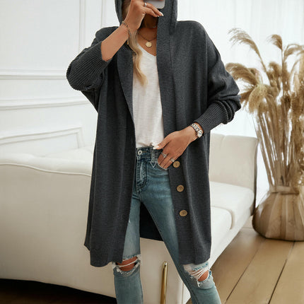 Women's Solid Color Casual Loose Cardigan Long Sleeve Button Hooded Sweater Jacket