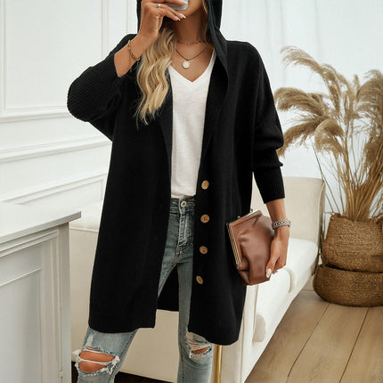 Women's Solid Color Casual Loose Cardigan Long Sleeve Button Hooded Sweater Jacket