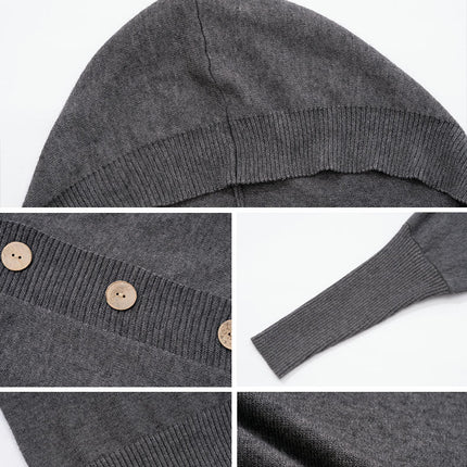 Women's Solid Color Casual Loose Cardigan Long Sleeve Button Hooded Sweater Jacket