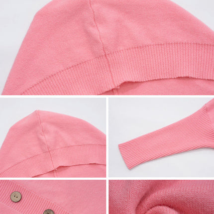 Women's Solid Color Casual Loose Cardigan Long Sleeve Button Hooded Sweater Jacket