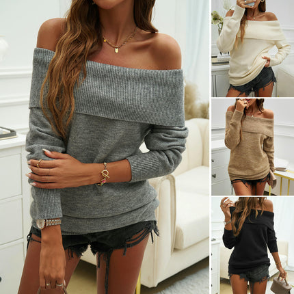 Women's Autumn Knitted Tops Sexy Off Shoulder Long Sleeve Knitted Sweater