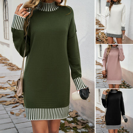 Women's Mid-High Neck Knit Dress Casual Long Sleeve Contrast Color Sweater Dress