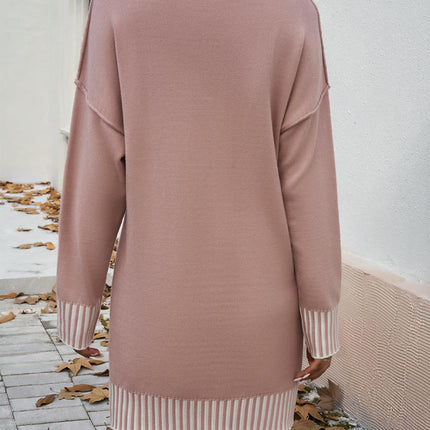 Women's Mid-High Neck Knit Dress Casual Long Sleeve Contrast Color Sweater Dress