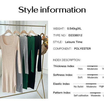 Womens Square Neck Knitted Dress Long Sleeve Elegant Hip-wrapped Slit Maxi Dress