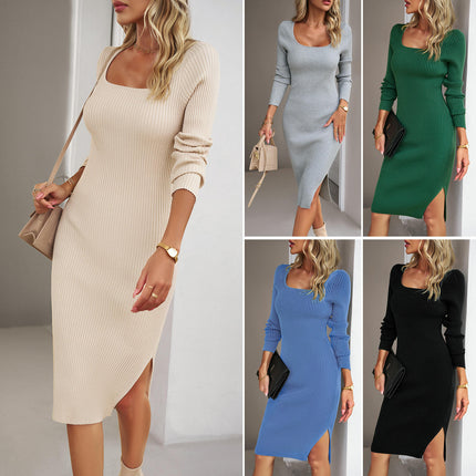 Womens Square Neck Knitted Dress Long Sleeve Elegant Hip-wrapped Slit Maxi Dress