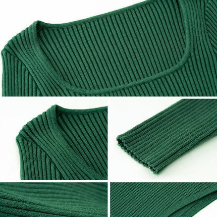 Womens Square Neck Knitted Dress Long Sleeve Elegant Hip-wrapped Slit Maxi Dress