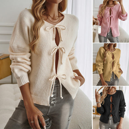 Women's Casual Loose Knitted Cardigan Long Sleeve Front Tie Solid Color Sweater