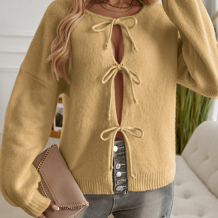 Women's Casual Loose Knitted Cardigan Long Sleeve Front Tie Solid Color Sweater