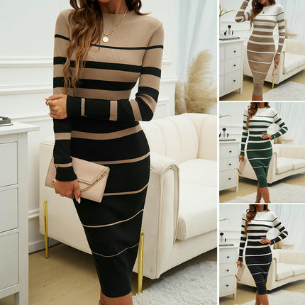 Womens Round Neck Knit Dress - Slim Fit Striped Contrast Color Long Sleeve Dress