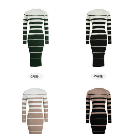 Womens Round Neck Knit Dress - Slim Fit Striped Contrast Color Long Sleeve Dress