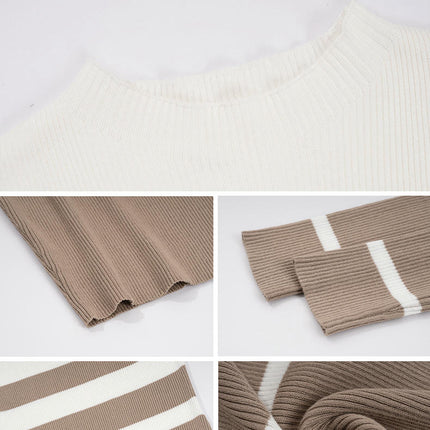 Womens Round Neck Knit Dress - Slim Fit Striped Contrast Color Long Sleeve Dress