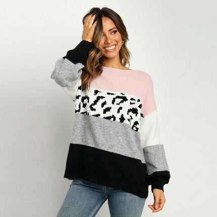 Women's Colorblock Leopard Sweater Loose Knit Sweater Pullover Striped Round Neck Sweater