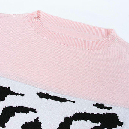 Women's Colorblock Leopard Sweater Loose Knit Sweater Pullover Striped Round Neck Sweater