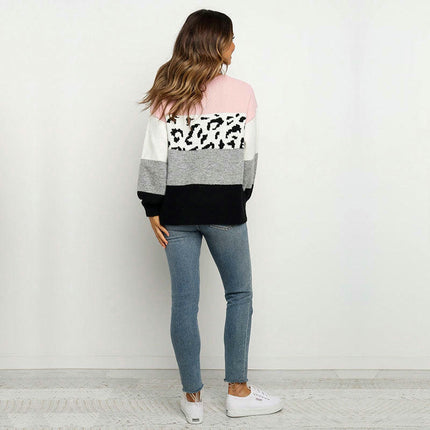 Women's Colorblock Leopard Sweater Loose Knit Sweater Pullover Striped Round Neck Sweater