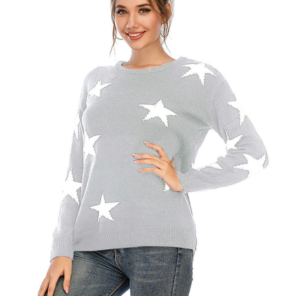 Women's Casual Bottoming Shirt Star Round Neck Pullover Knitted Sweater