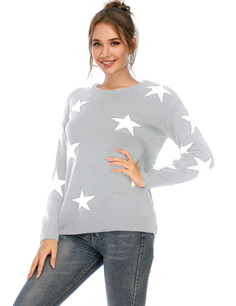 Women's Casual Bottoming Shirt Star Round Neck Pullover Knitted Sweater