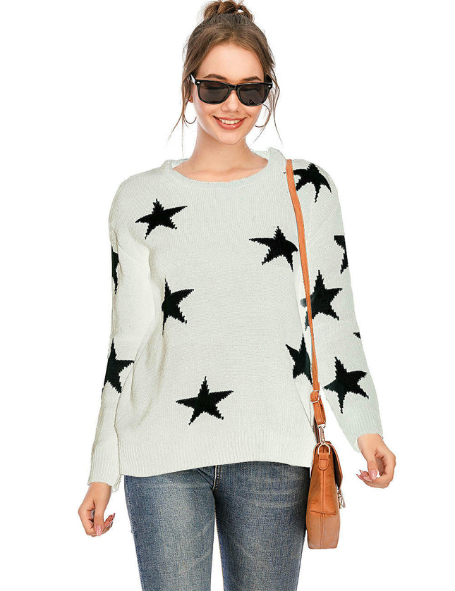 Women's Casual Bottoming Shirt Star Round Neck Pullover Knitted Sweater