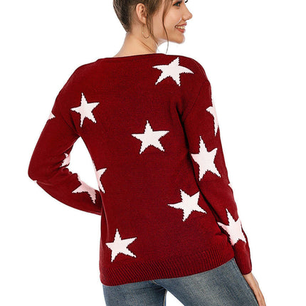 Women's Casual Bottoming Shirt Star Round Neck Pullover Knitted Sweater