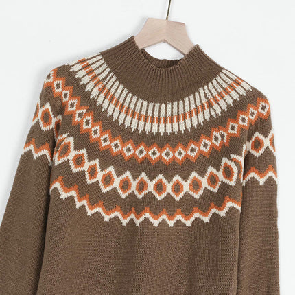 Women's Casual Patchwork Knitted Sweater Turtleneck Printed Long Sleeve Sweater
