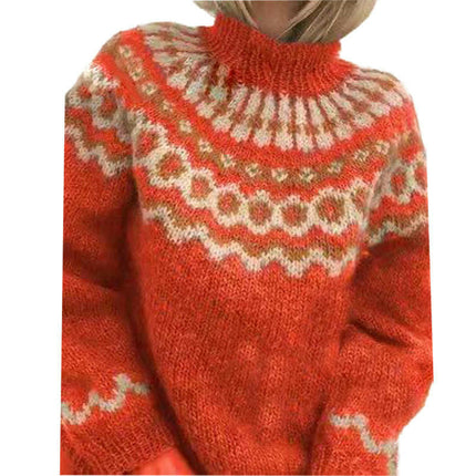 Women's Casual Patchwork Knitted Sweater Turtleneck Printed Long Sleeve Sweater