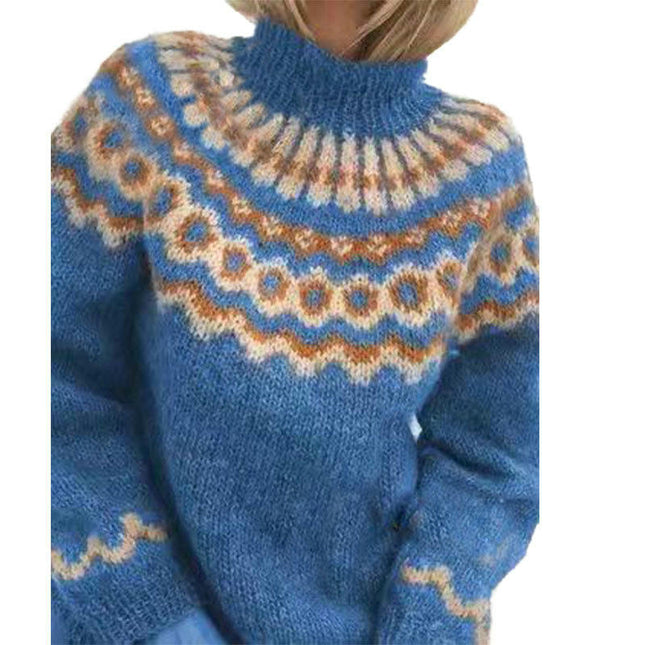 Women's Casual Patchwork Knitted Sweater Turtleneck Printed Long Sleeve Sweater