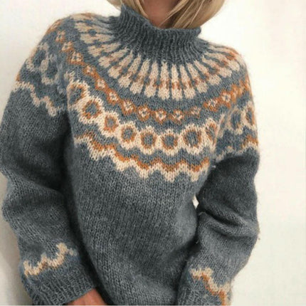 Women's Casual Patchwork Knitted Sweater Turtleneck Printed Long Sleeve Sweater