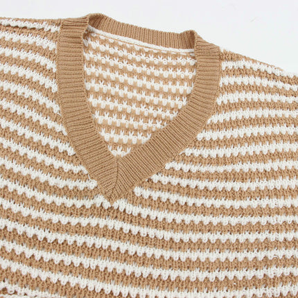 Women's Winter V-neck Long Sleeve Sweater Dress Pullover Striped Loose Knitted Dress