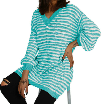 Women's Winter V-neck Long Sleeve Sweater Dress Pullover Striped Loose Knitted Dress